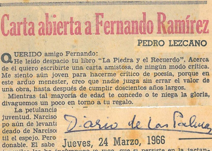 “Me importa esta poesía tuya tan apretada a las cosas” - Carta abierta de Pedro Lezcano a Fernando Ramírez en 1966